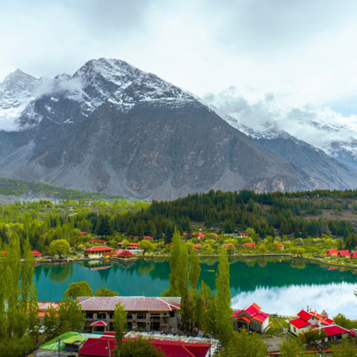 Turquoise Shangrila Lake (Lower Kachura Lake) surrounded by mountains near Skardu