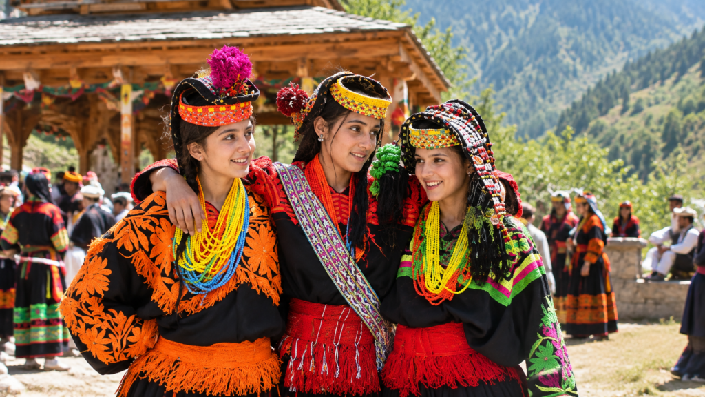 Kalash women in traditional beaded headdresses dancing at the Chilam Joshi spring festival, Bumburet