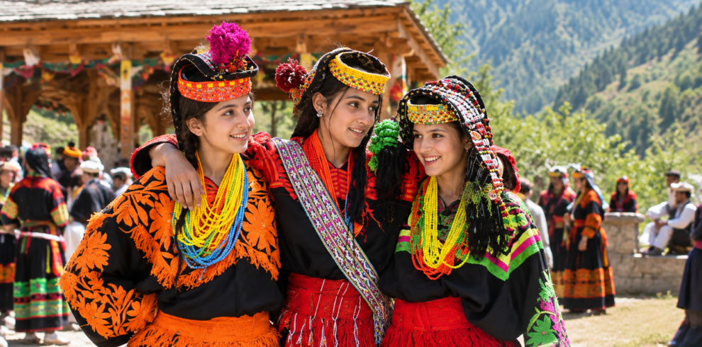 Kalash women in traditional beaded headdresses dancing at the Chilam Joshi spring festival, Bumburet