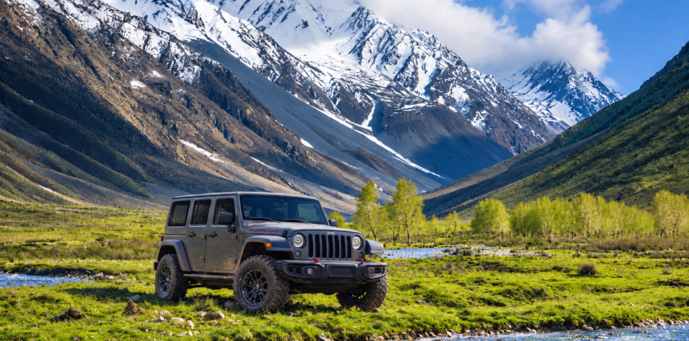 4x4 jeep crossing the high alpine plateau at Shandur Pass with Shandur Lake in view, Pakistan