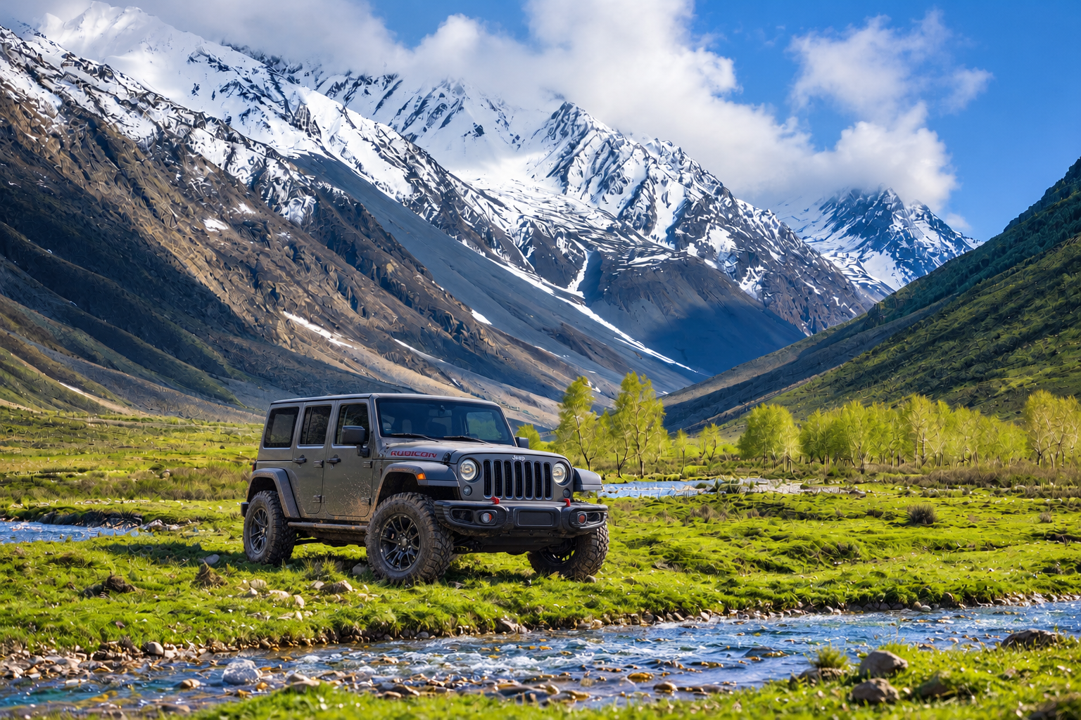 4x4 jeep crossing the high alpine plateau at Shandur Pass with Shandur Lake in view, Pakistan