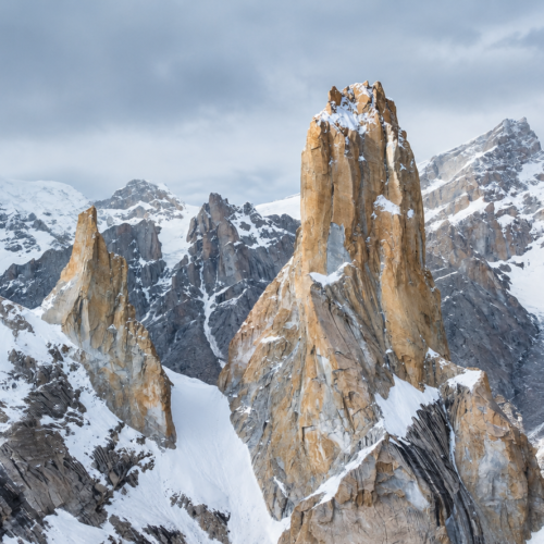 Climbers on a big-wall route on Nameless Tower with the Baltoro Glacier below, Karakoram