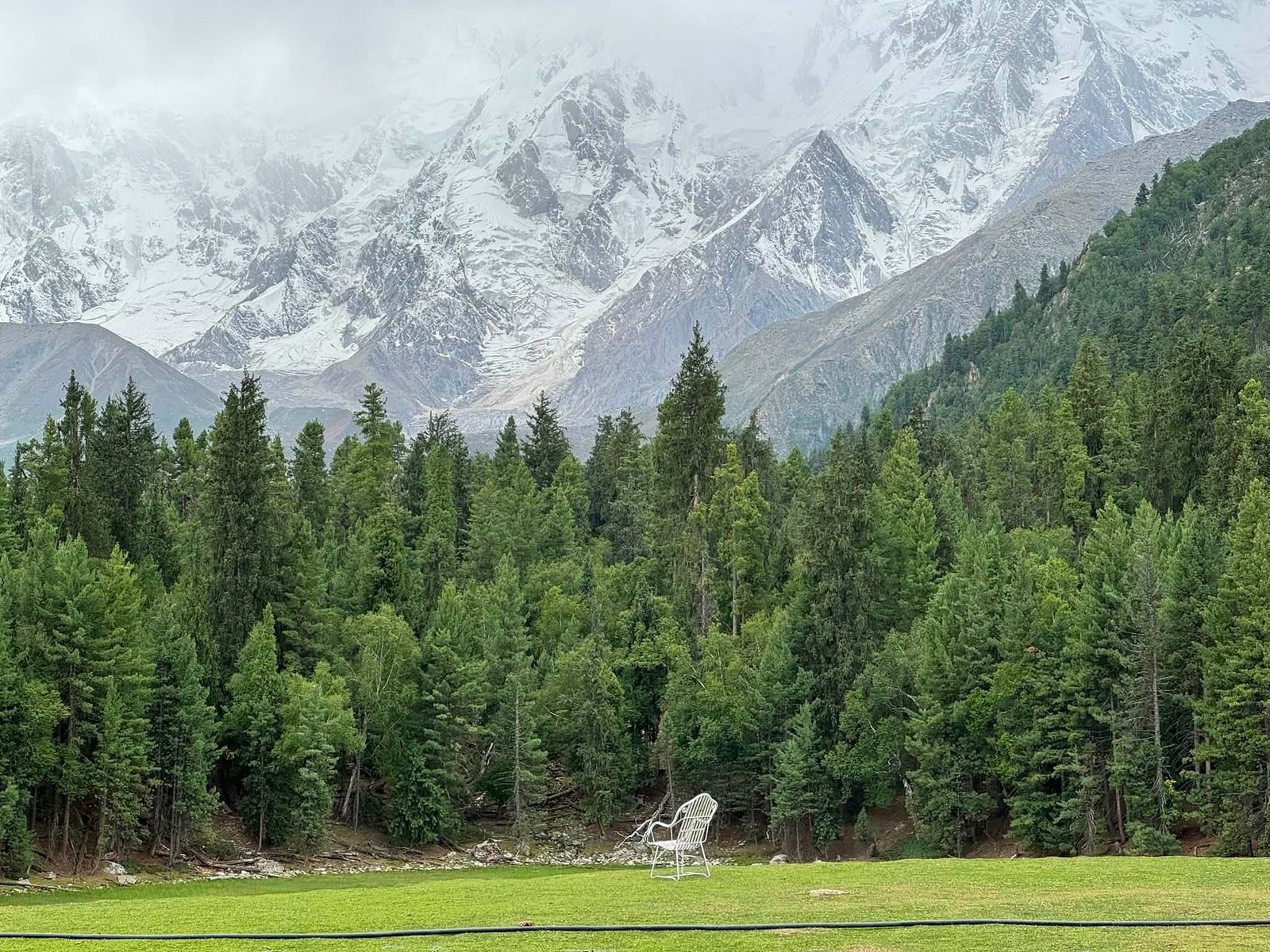 Wooden cottages at Fairy Meadows with Nanga Parbat mountain in the background