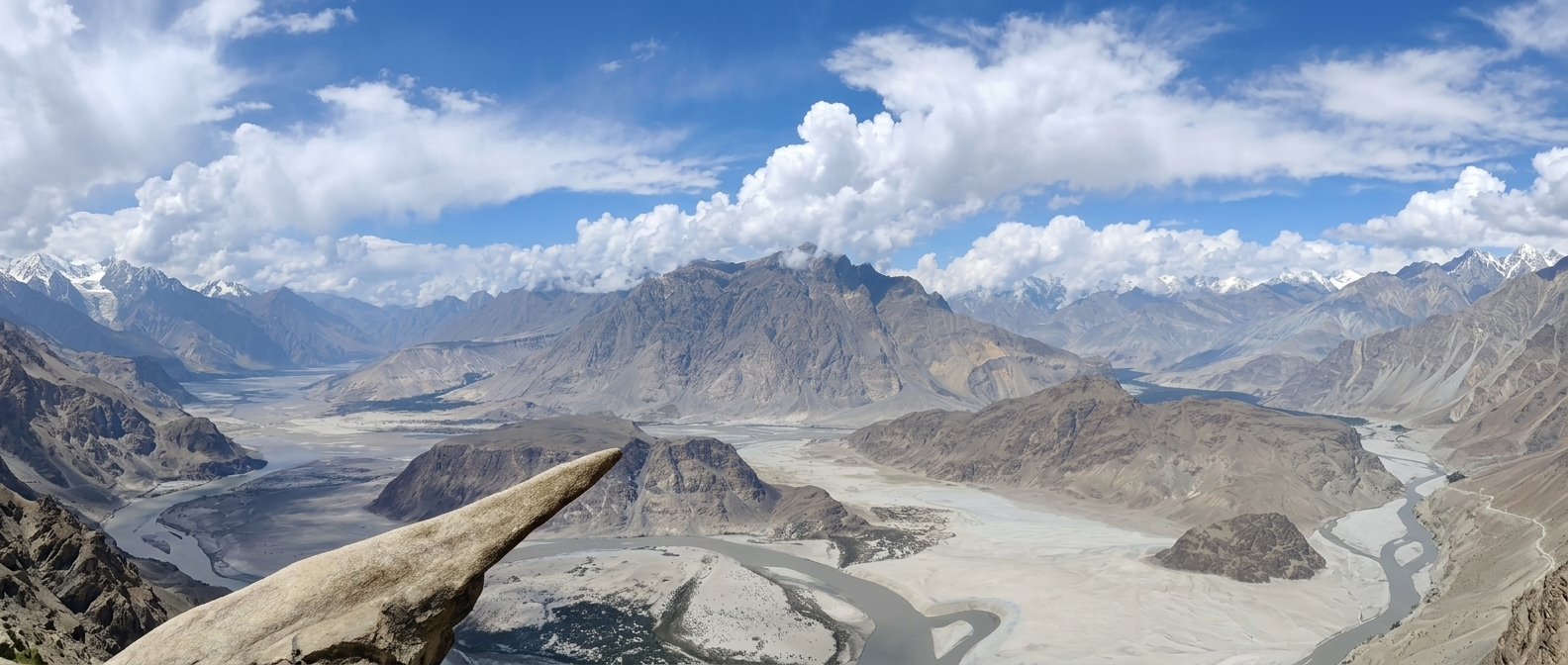 Hiker standing on the narrow granite ledge of Marsur Rock overlooking the Indus River, Skardu