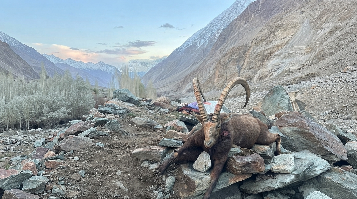 Himalayan ibex on a steep rocky slope near Kanday village, Hushe Valley, Gilgit-Baltistan