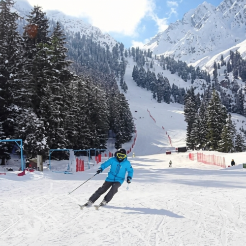 Skiers on the snow-covered slopes of Naltar Ski Resort with pine forest and Karakoram peaks