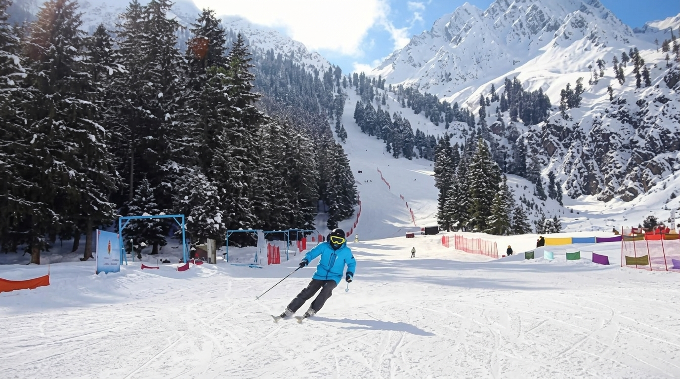 Skiers on the snow-covered slopes of Naltar Ski Resort with pine forest and Karakoram peaks