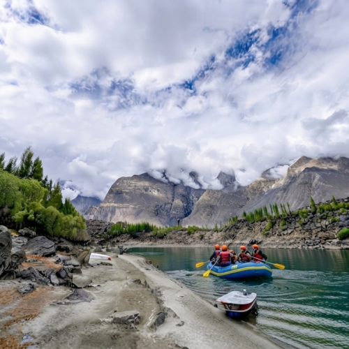 Kayaker paddling on the clear Soq River in Soq Valley near Skardu