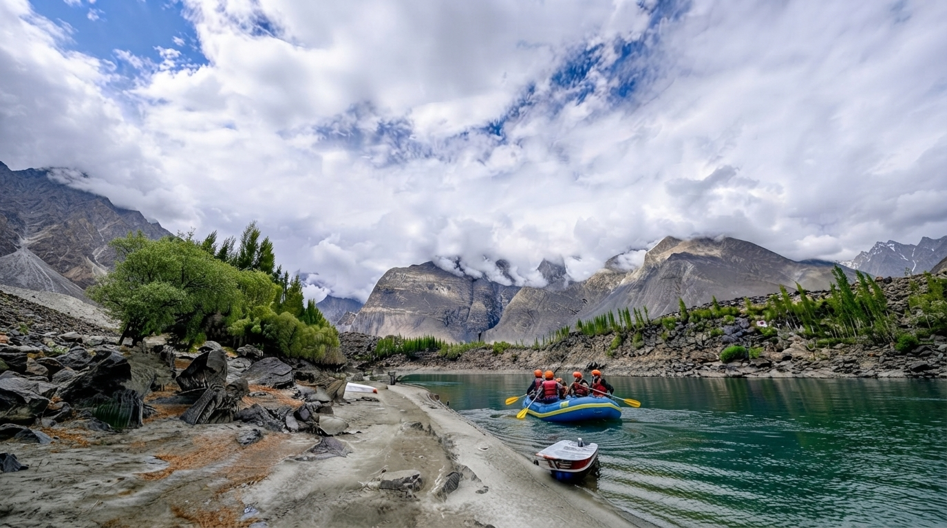 Kayaker paddling on the clear Soq River in Soq Valley near Skardu