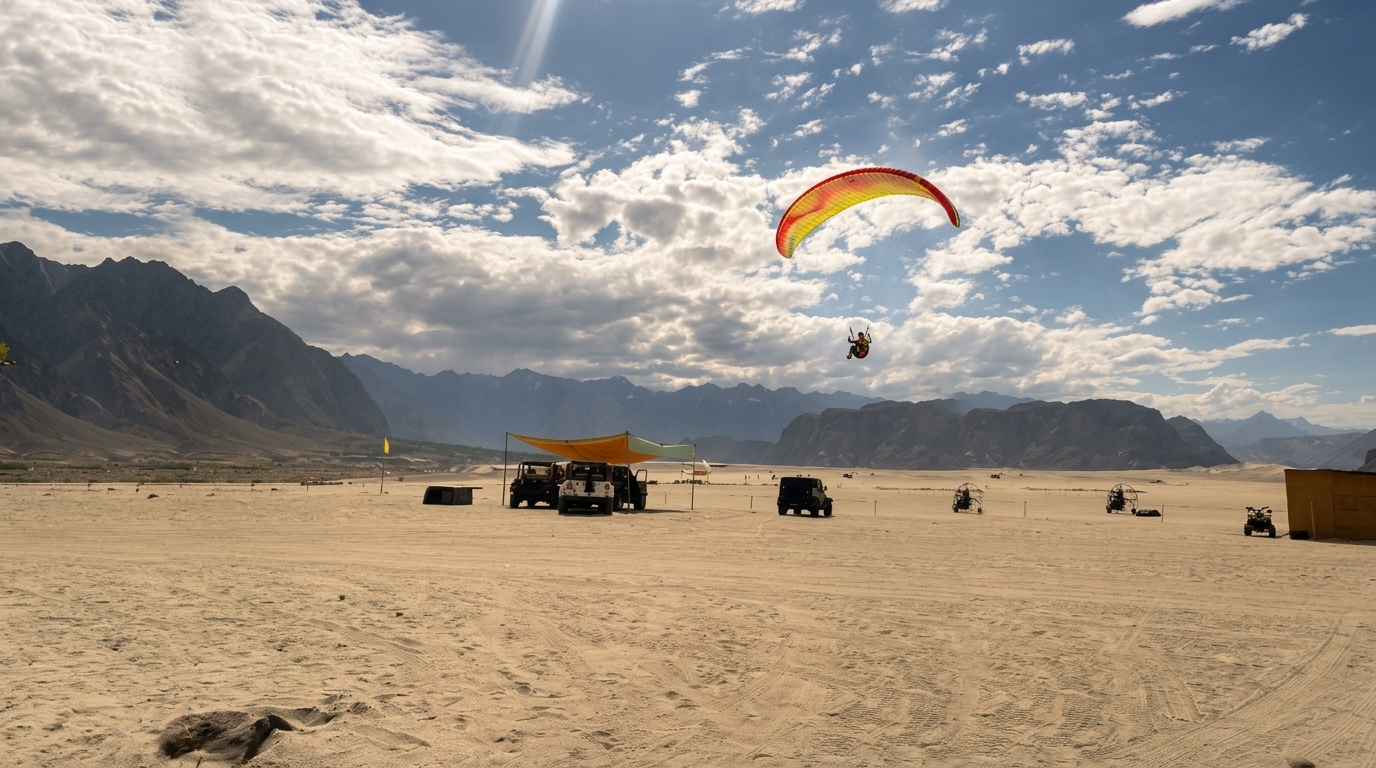 Paraglider soaring over the golden sand dunes of Sarfaranga Cold Desert near Skardu